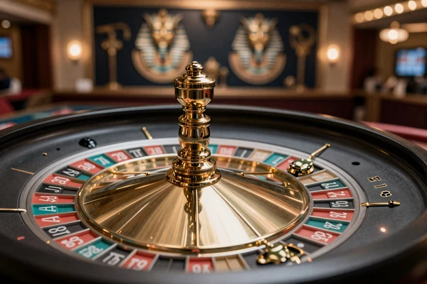 Drehendes Roulette-Rad mit goldenen Akzenten im Live Casino des Cleobetra Casino