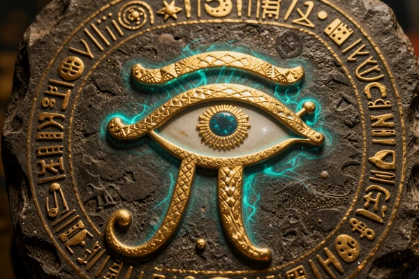 Goldgl&uuml;hendes Auge des Horus auf dunklem Stein als Slot-Symbol bei Cleobetra Casino