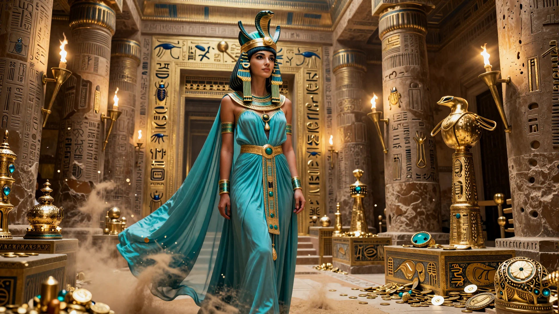 Kleopatra als K&ouml;nigin in goldenem Kopfschmuck vor der Schatzkammer eines Pharaos im Cleobetra Casino