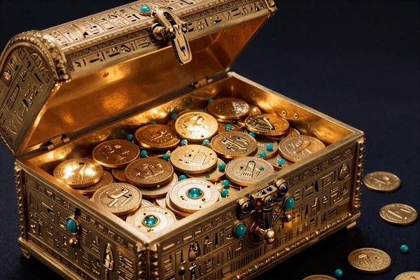 Verzierte goldene Schatztruhe &ouml;ffnet sich und enth&uuml;llt leuchtende Goldm&uuml;nzen und Juwelen f&uuml;r den Willkommensbonus