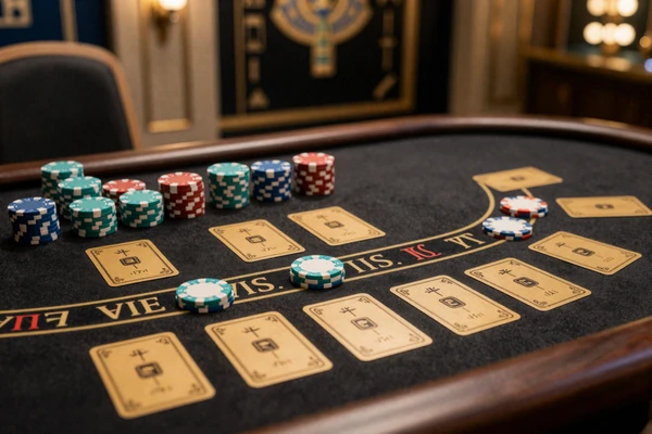 Live-Baccarat-Tisch mit goldenen Karten und t&uuml;rkisfarbenen Chips im Cleobetra Casino