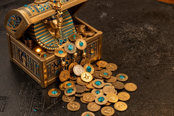 Goldm&uuml;nzen und Edelsteine flie&szlig;en aus einem verzierten &auml;gyptischen Schatzkasten im Cleobetra Casino Bonus