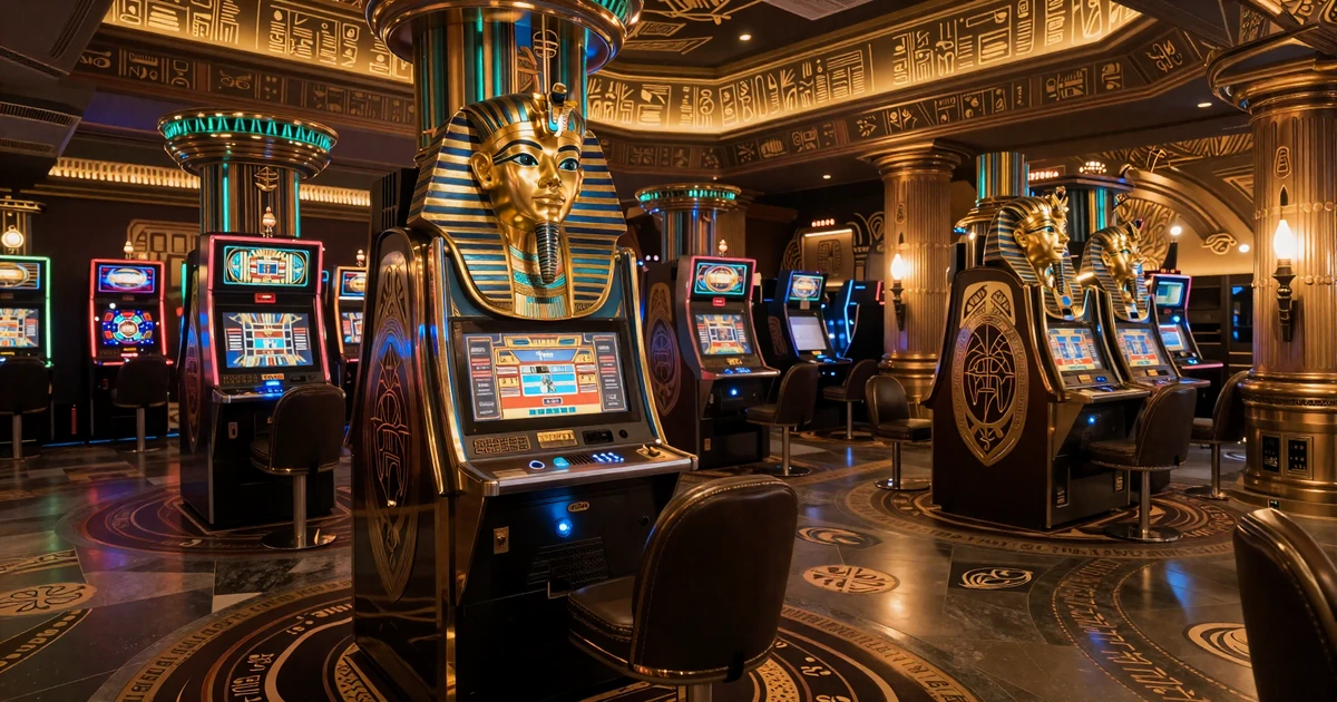 Luxuri&ouml;ser Spielautomat mit goldenen Pharaonenmasken-Motiven in der dunklen Casinohalle von Cleobetra Casino