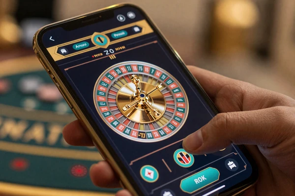 Smartphone zeigt Live-Casino-Interface mit &auml;gyptischem Goldrand im mobilen Cleobetra Casino