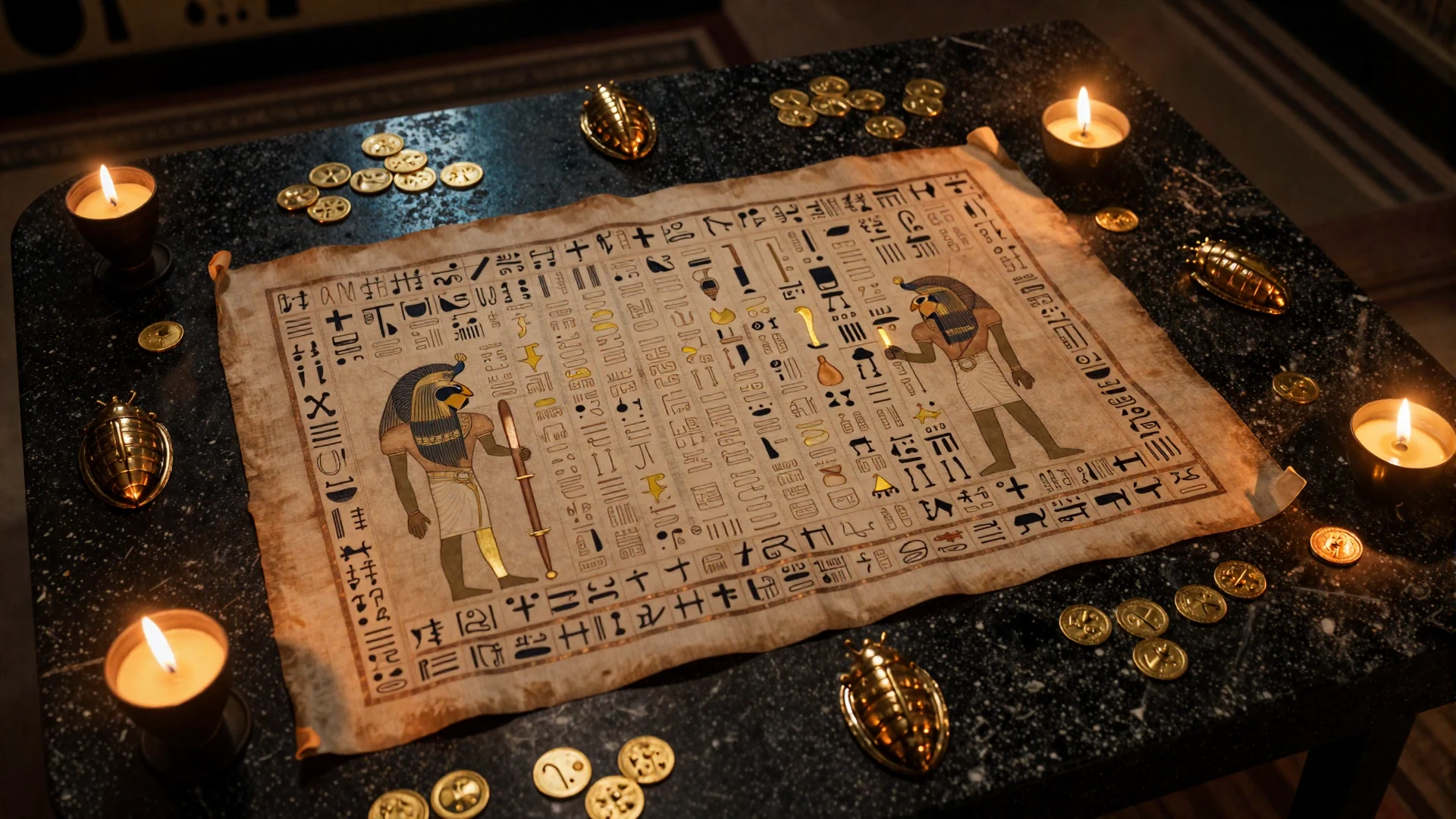 Antike Papyruskarte mit Hieroglyphen auf einem dunklen Steintisch als Seiten&uuml;bersicht-Hintergrund von Cleobetra Casino