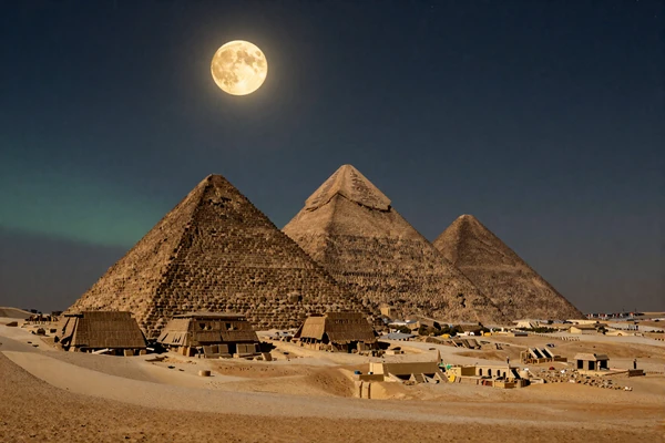Pyramiden-Silhouetten unter Sternenhimmel symbolisieren Jackpot-Spiele bei Cleobetra Casino