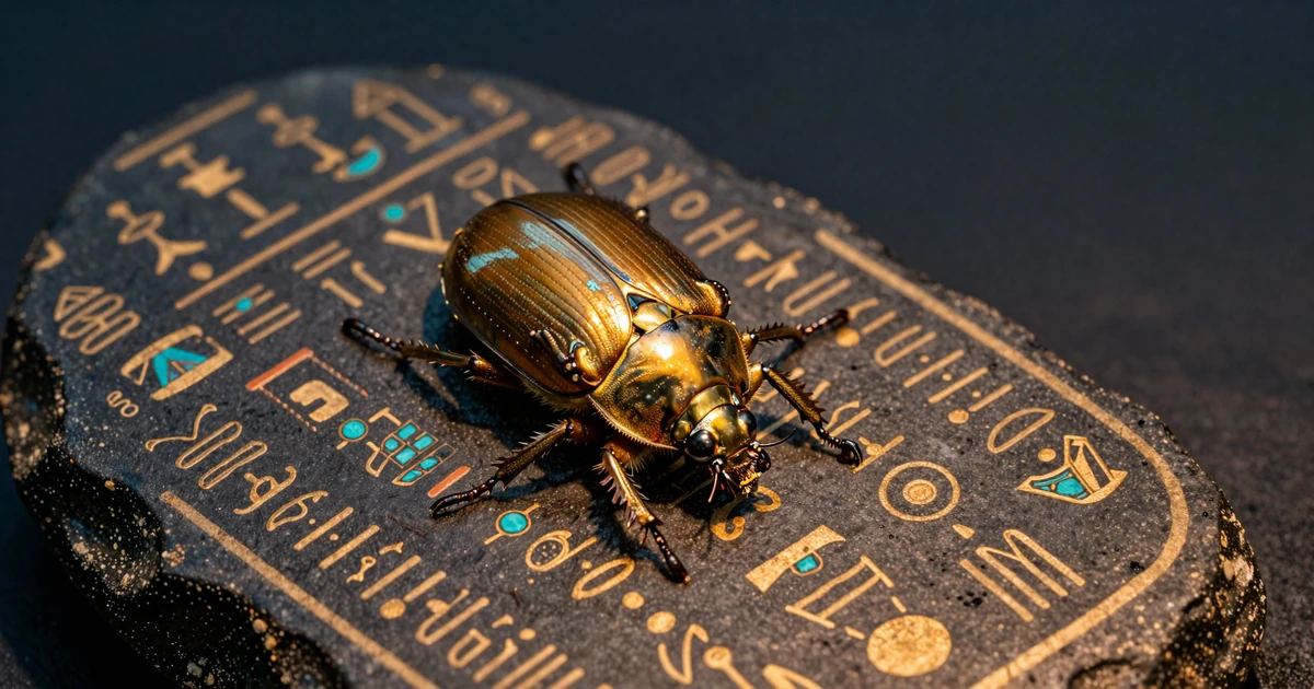 Goldener Skarab&auml;usk&auml;fer auf dunklem Obsidianstein mit Hieroglyphen im Cleobetra Casino FAQ-Bereich