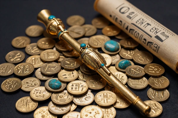 Goldener &auml;gyptischer Zepter und Skarab&auml;us-Amulett auf Goldm&uuml;nzen f&uuml;r die zweite Bonusstufe
